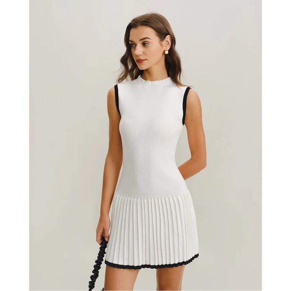 NWOT Rielle Contrast A Line Sleeveless Mini‎ Sweater Dress White Black Women S
